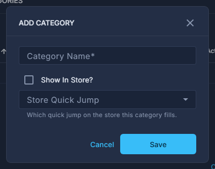 A new category: its name, and whether the store shows it.