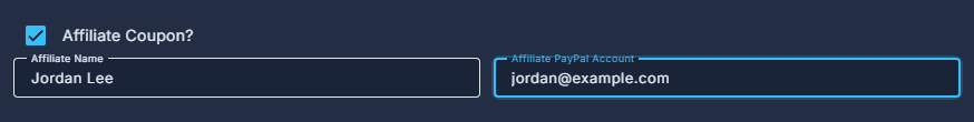 Affiliate Coupon? ticked, with the affiliate's name and PayPal account.