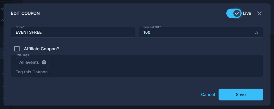 A coupon open for editing, with the Live switch in the header.