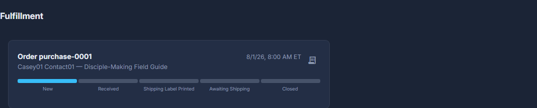 Fulfillment with nothing waiting. Every open order is a card here, with its progress bar, oldest first.