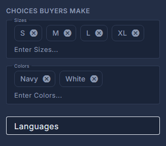 Choices buyers make: sizes, colours and languages, one chip each.