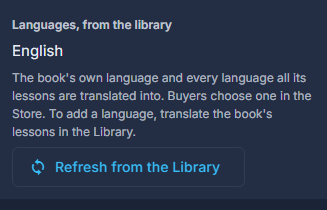 A library book's languages come from the library, with a button to read them again.