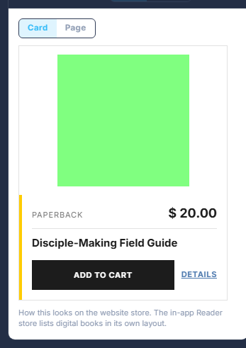 Card: the cover, the kind of product, the price and the name, as the shelf shows them.