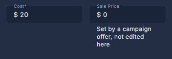 Cost is typed; Sale Price is set by a campaign offer and only shown here.