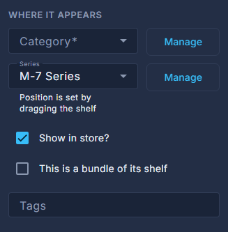 Where it appears: category, series, Show in store, the bundle box and tags.