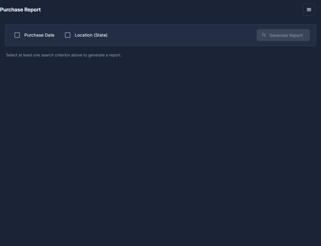 The Purchase Report: tick what to search by, then Generate Report.