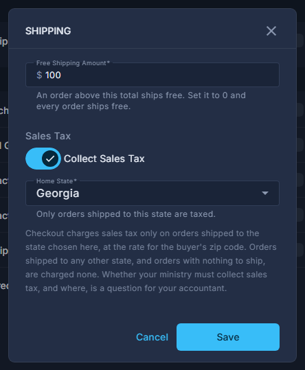 The Shipping dialog: the one number, the free-shipping amount.