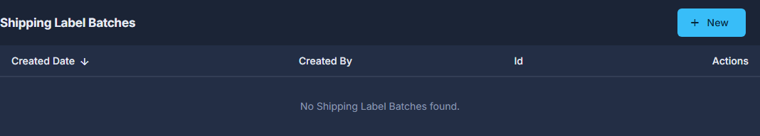 Shipping Labels before any batch is made: one row per batch, and New to start one.