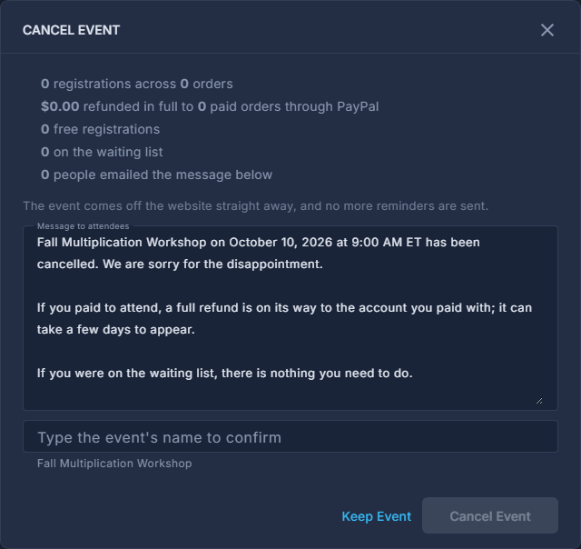 CANCEL EVENT: what cancelling would do, the message, and the name to type.
