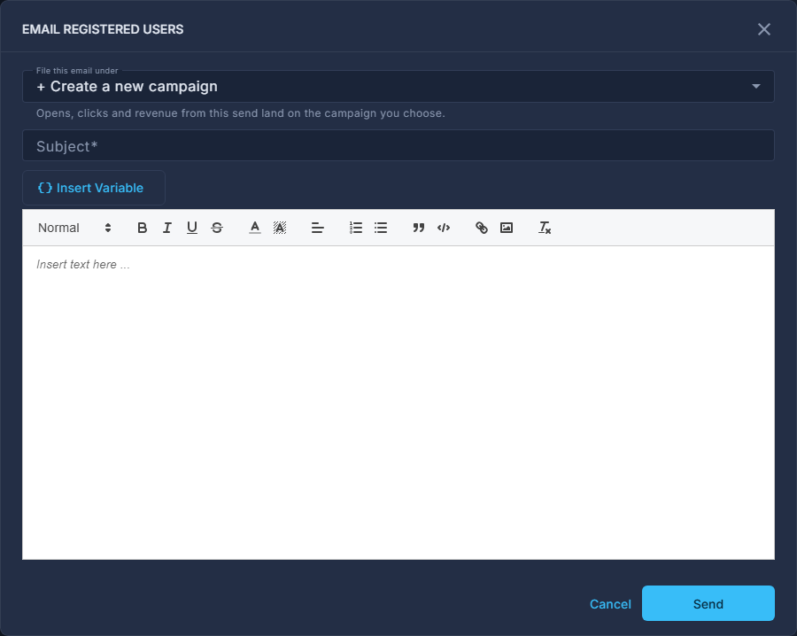 Email Registered Users: where it is filed, the subject and the message.