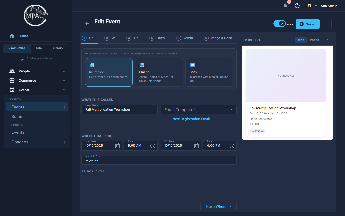 The event editor: the strip of sections, the form, and the public page beside it.