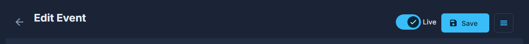 The editor's top bar: Live, Save, and the ☰ with Cancel Event and Delete Event.