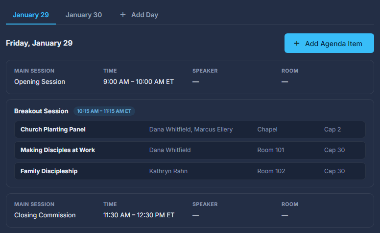 The Agenda: a tab per day, with that day's agenda items in time order.