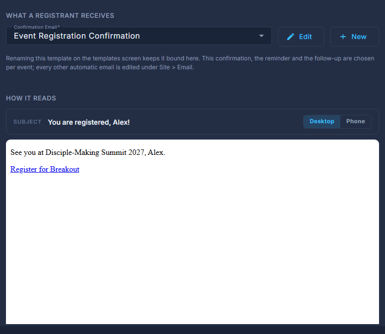 Confirmation Email: the template, and how it reads on a desktop.