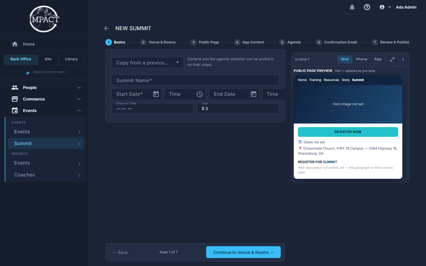 NEW SUMMIT: the seven steps, the form, and the preview beside it.