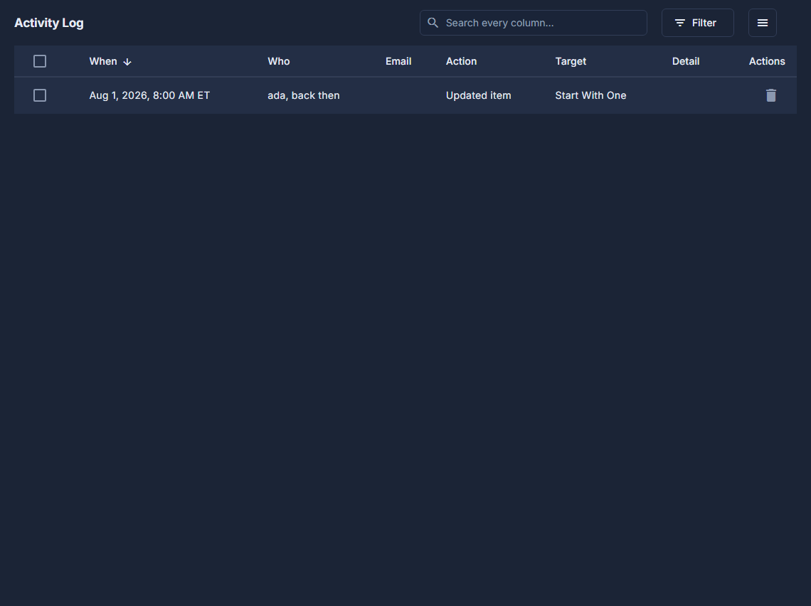 The Activity Log - here before anything has changed: When, Who, Email, Action, Target, Detail.