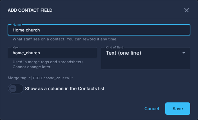 The Add Contact Field pop-up.