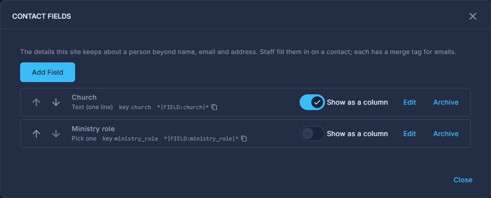 The Contact Fields pop-up: the fields this site keeps.