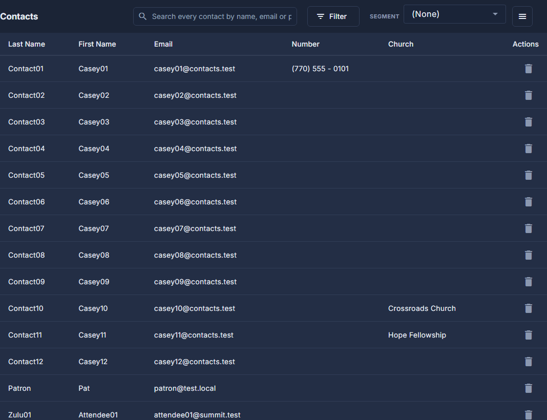 The Contacts list, with the search box above the grid.