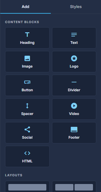 The Add panel: blocks, layouts, headers and footers.