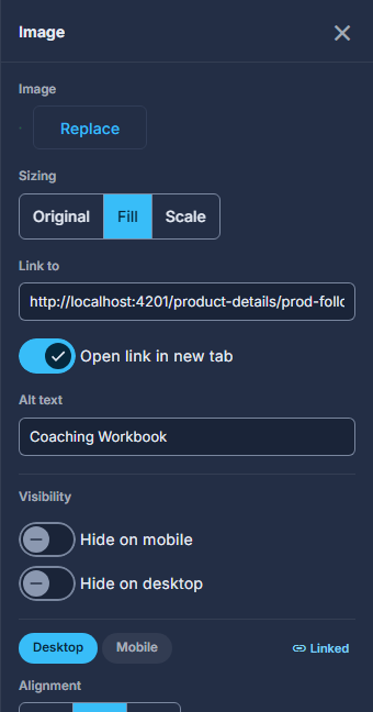 The panel once a block is selected: its settings.