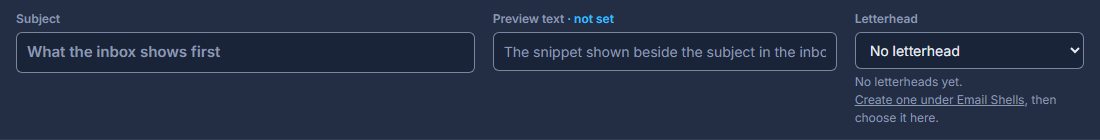 Across the top of the designer: the subject line, and the preview text beside it.