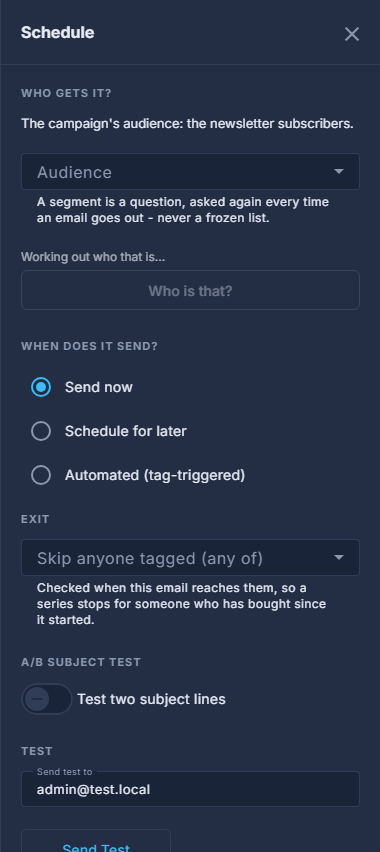 The Schedule panel: when it sends, and the test.