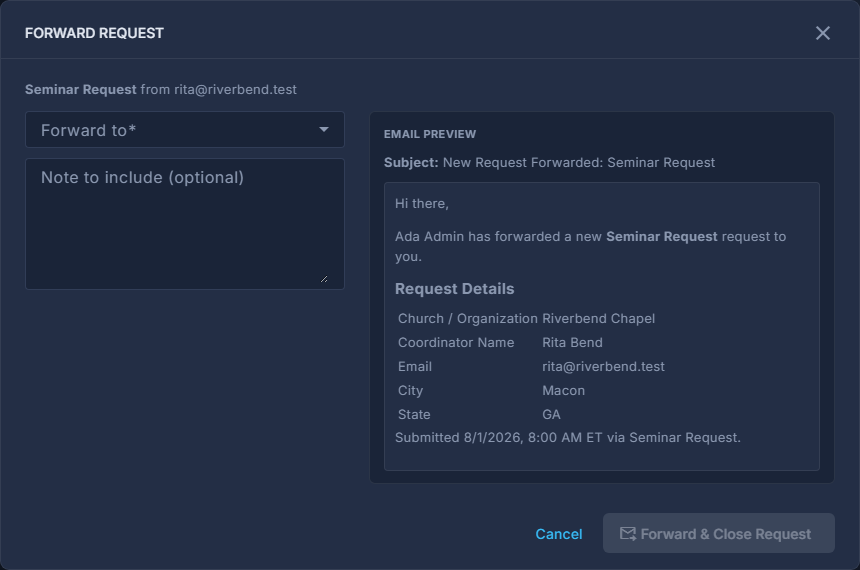 The Forward Request pop-up, with the email preview.