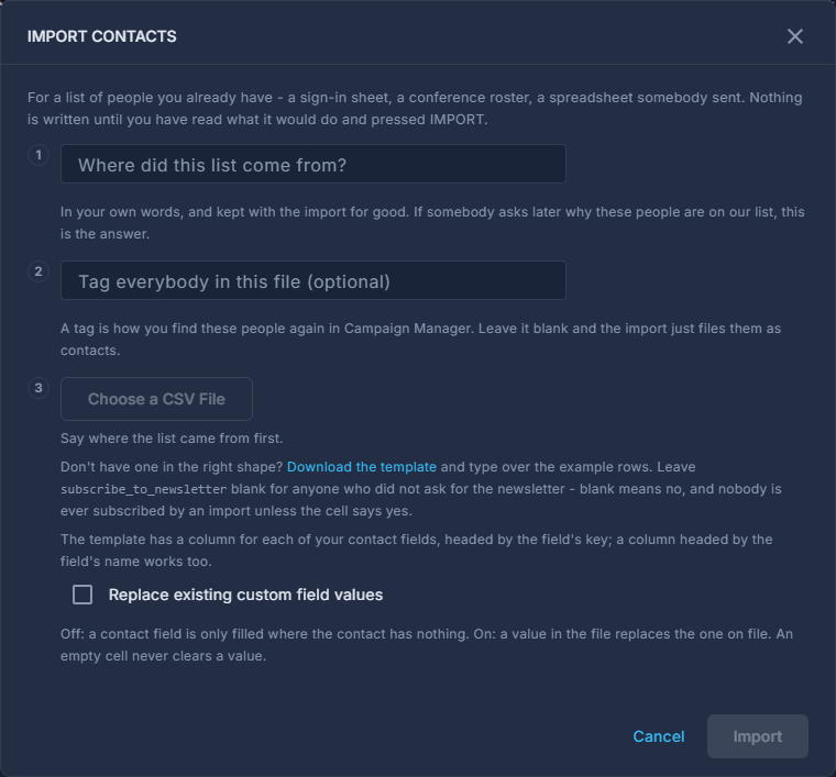 The Import Contacts pop-up, before a file is chosen.