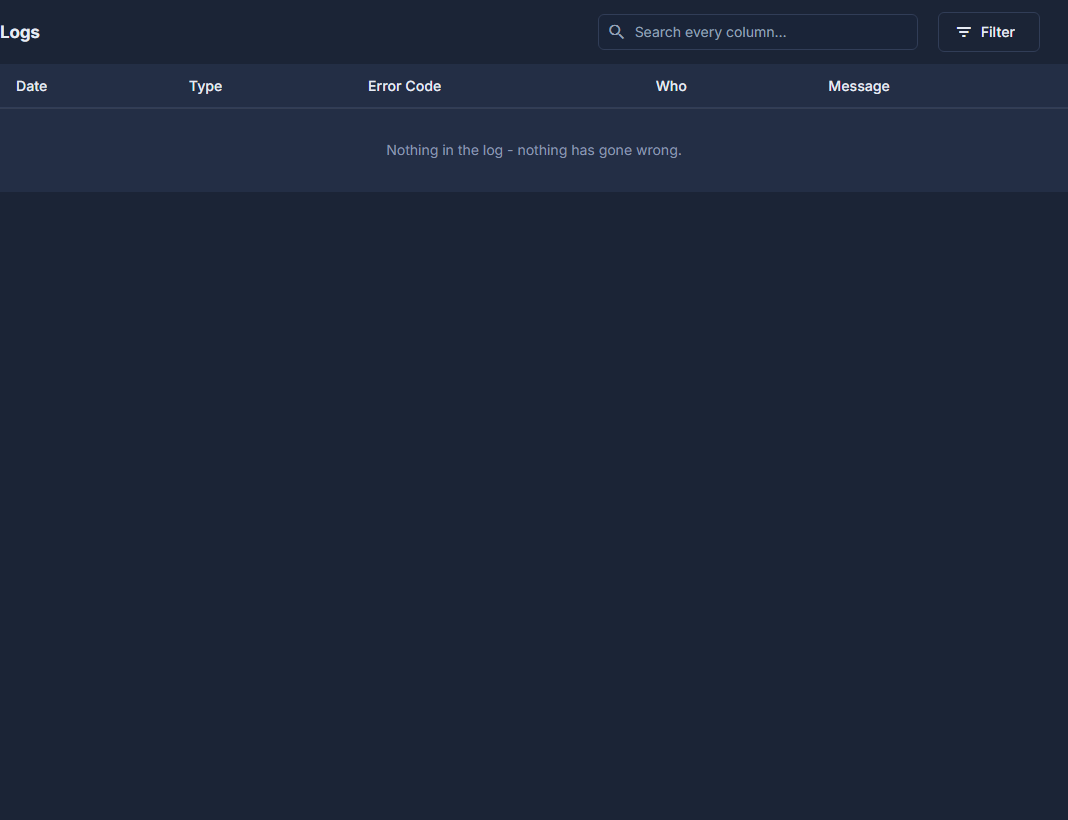 The Logs screen. Empty is good: nothing has gone wrong.
