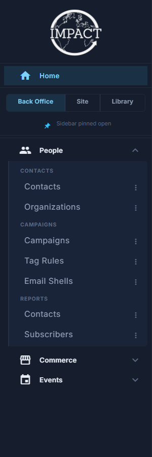 The menu: Home, the three tabs, and Back Office with People open.