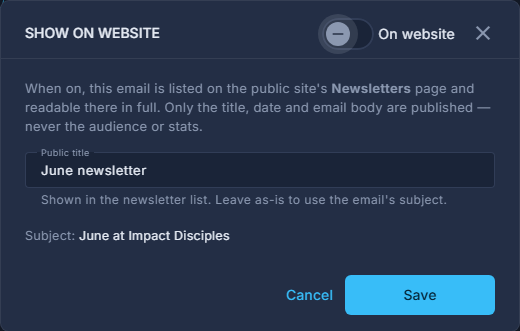 SHOW ON WEBSITE: the On website switch at the top, the Public title, then Save.
