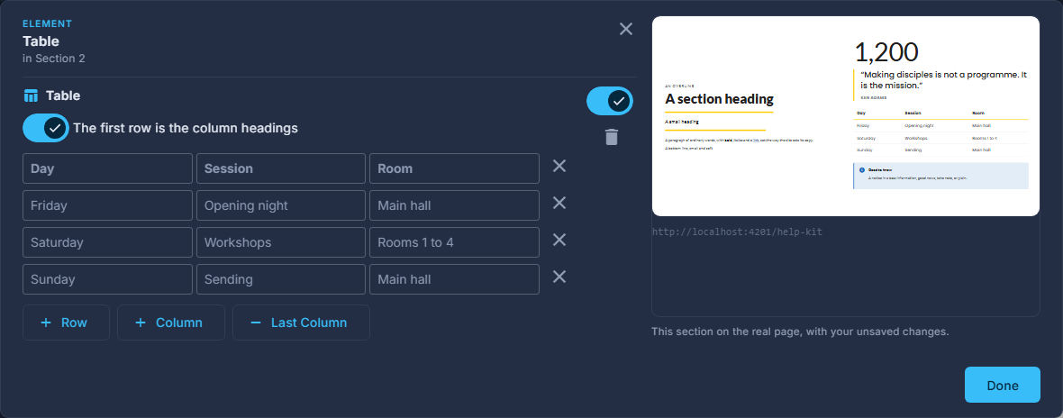 Editing an element: its settings on the left, the section it sits in drawn beside them.