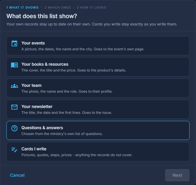 The List wizard: what the list shows, then how it should look.