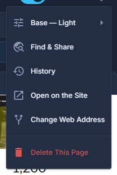 Everything else about this page: its base, Find & Share, History, scheduling, opening it on the site, deleting it.
