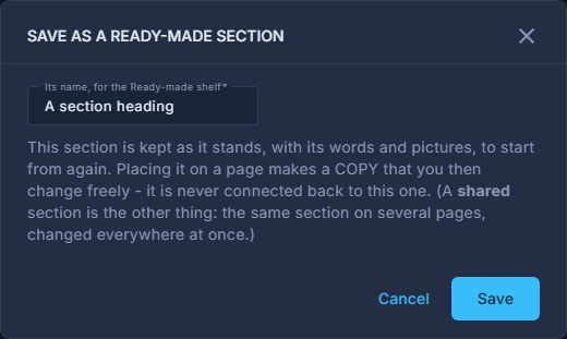 Saving a section as ready-made.