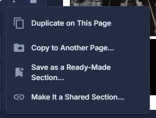 A section's menu: duplicate it, copy it to another page, save it as ready-made, make it shared.