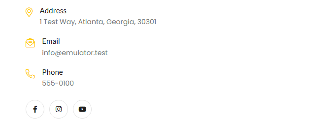 Contact details: the address, phone, email and social links from Settings.