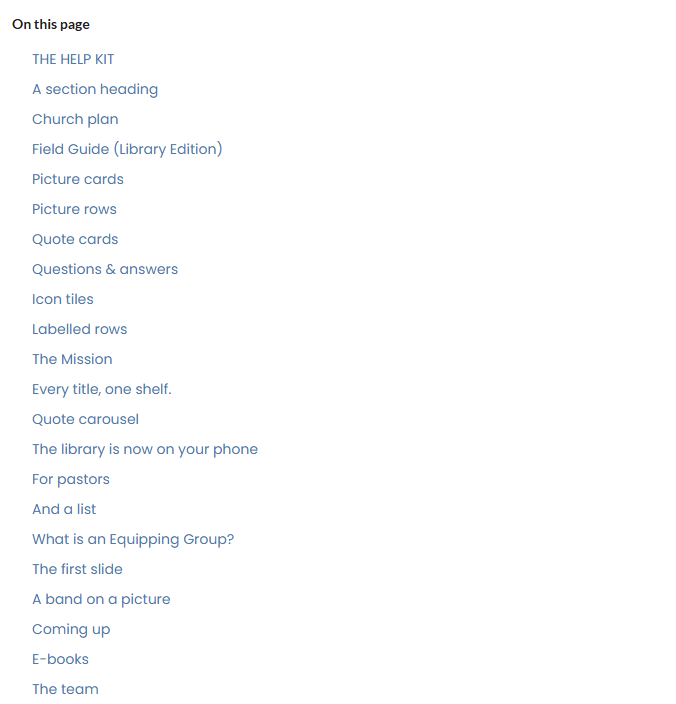 Links, shown as this page's own section headings, jumping down to them.