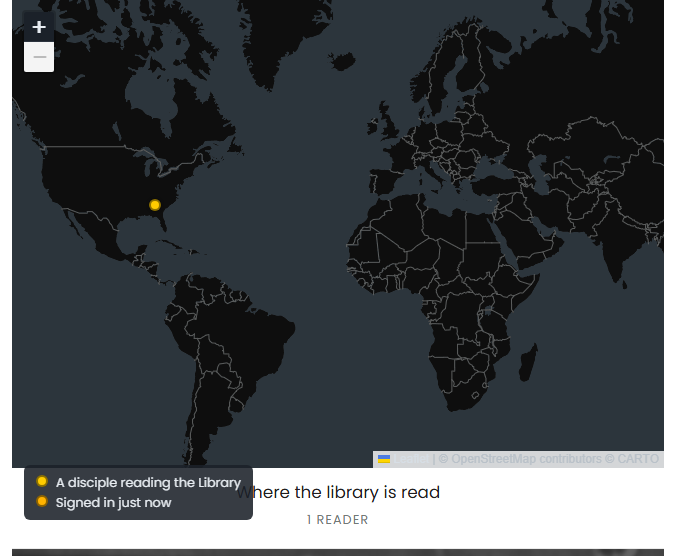 Where the library is read: a world map, a dot per reader, nothing that says who.
