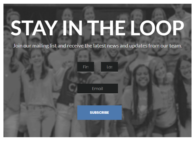 Stay in the loop band: the site's own wide sign-up band, the same on every page that has one.