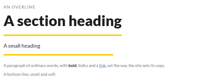 Text, set as an overline, a section heading, a small heading, a paragraph and a bottom line.
