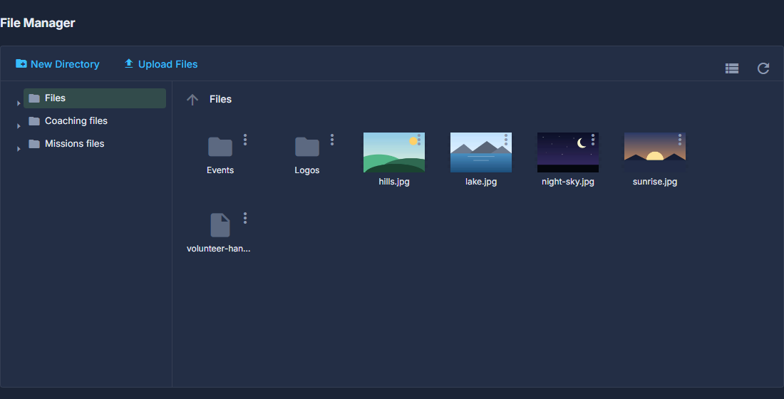 The grid view: every picture is shown as it will look, with an icon for a folder or a document such as a PDF.