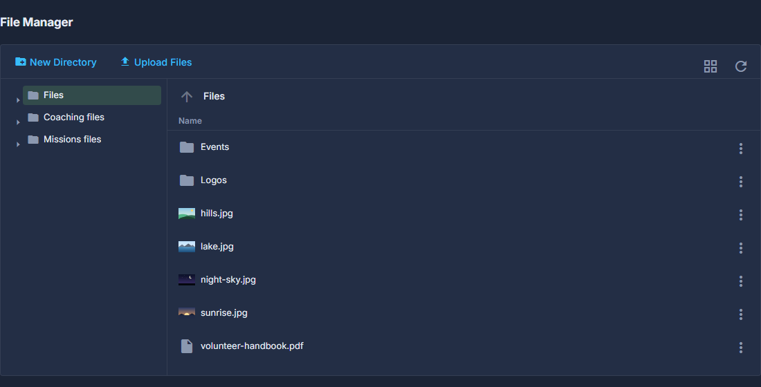 FILES: your folders down the left, and the files in the open folder on the right. The buttons along the top upload a file or make a new folder.