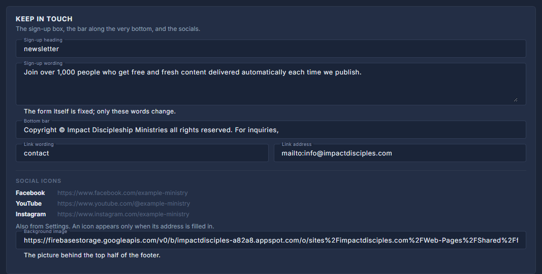 Keep in touch: Sign-up heading and wording, Bottom bar and its link, the social icons, Background image.