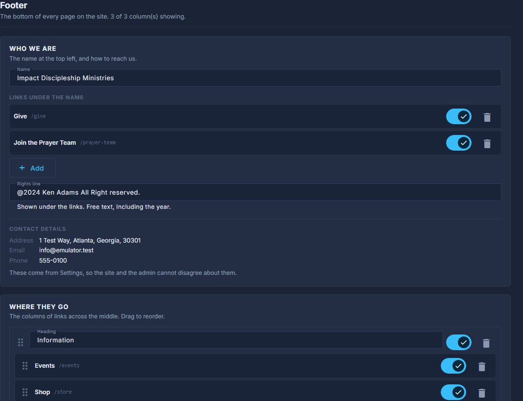 FOOTER: the three cards, and the live preview down the right. Scroll the preview to its foot to see the footer.