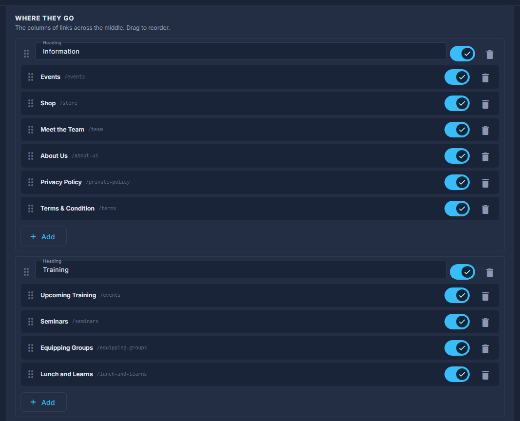 Where they go: each column with its heading, its links and Add; Add a Column below.