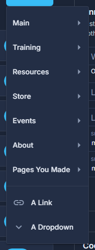 Add: the built-in pages by group, Pages You Made, A Link, A Dropdown.