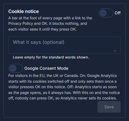 Cookie notice: on or off, and the words, with the standard ones shown greyed.