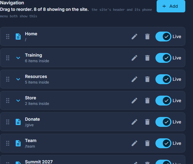 HEADER: the menu, one row per item, with Edit, a red trash can and a Live switch on each.